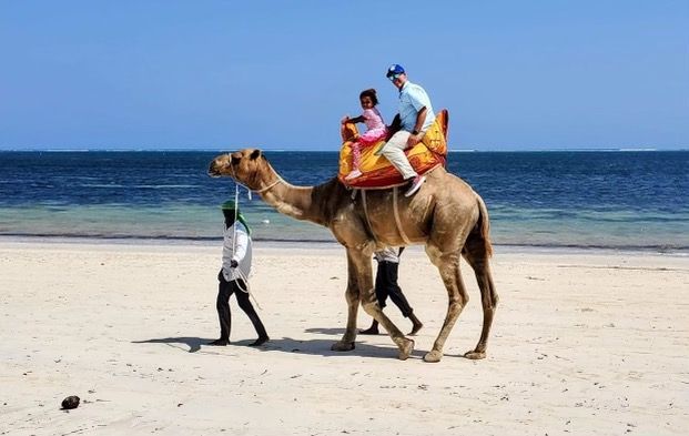 Jason Sucher and Bella Van Leeuwen riding a camel on the beach.