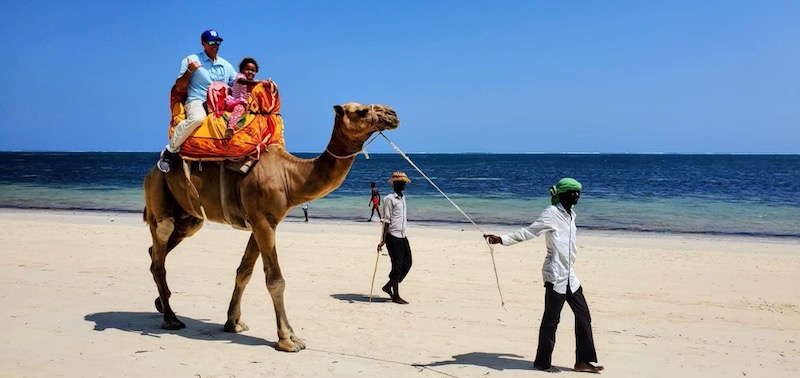 Jason Sucher and Bella Van Leeuwen riding a camel on the beach.